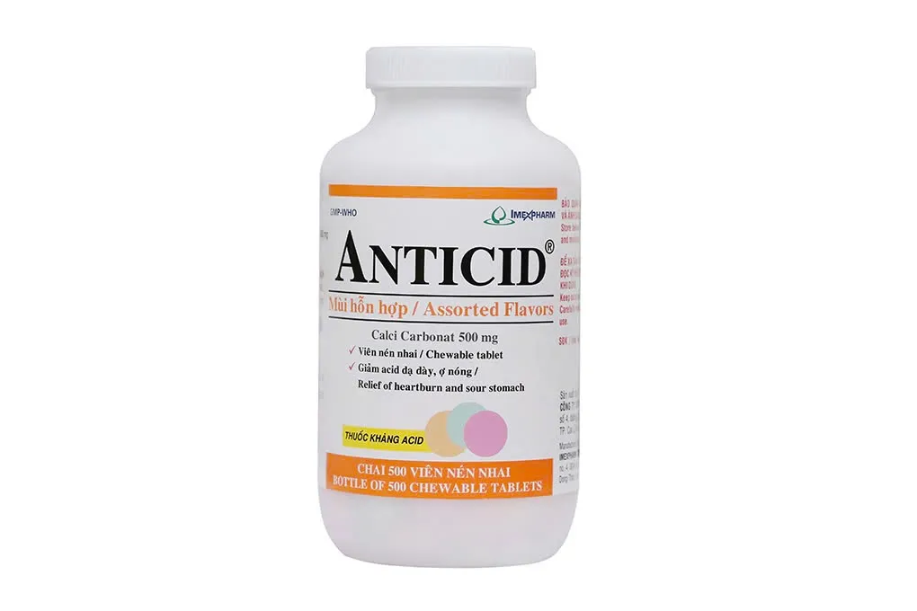 Anticid 500mg Imex (C/500v) - Viên nhai trị tăng axit dạ dày, ợ nóng, khó tiêu lọ 500 viên